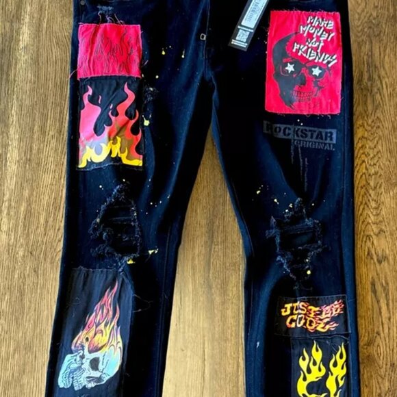 Rockstar Original Jeans Mens Black 38x32 Ultra Slim Grunge Metal, Patchwork - Picture 4 of 12